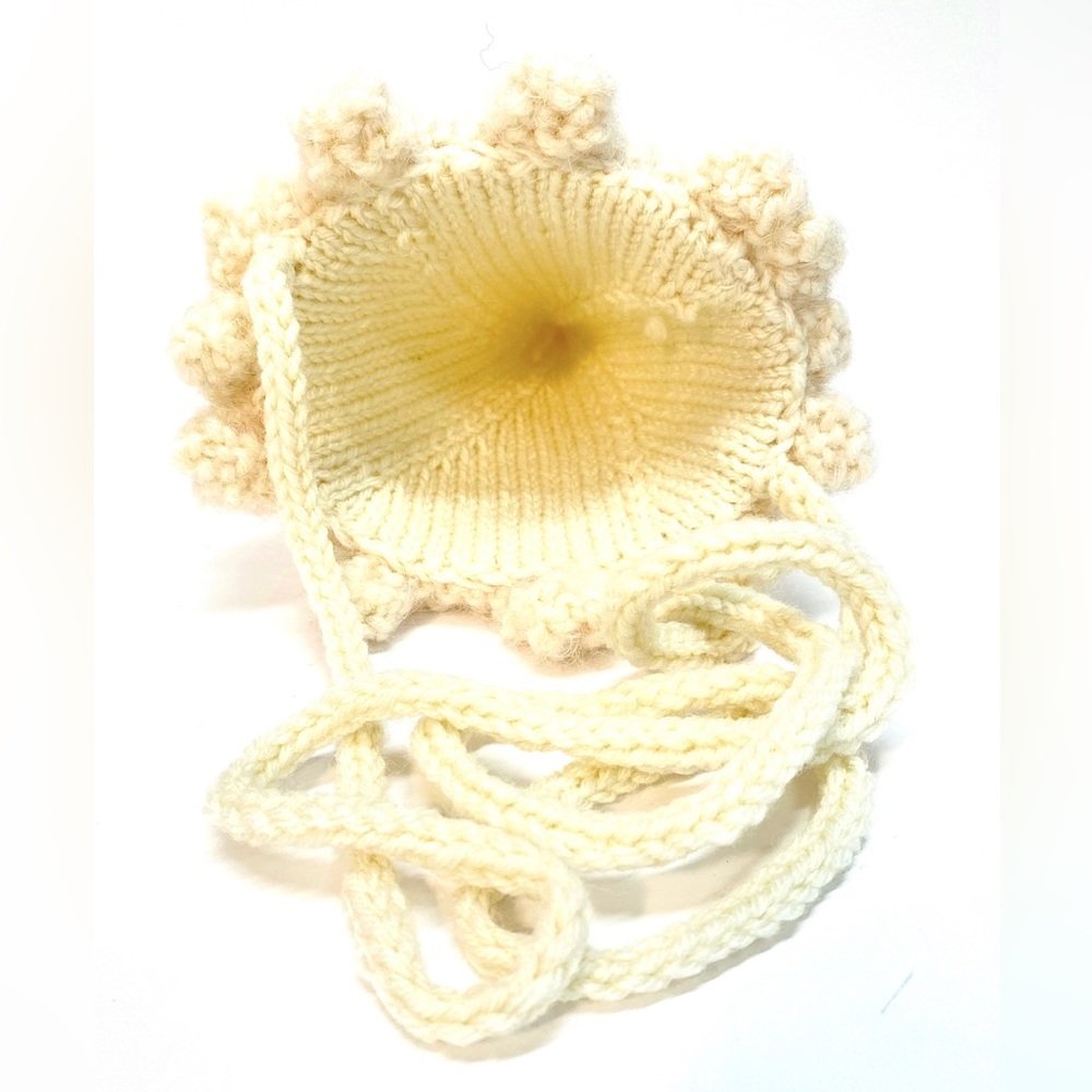 NWT Hand Knit Party Hat in Cream with Faux Pearls and Pom Pom One Size Fits Most - Picture 5 of 11